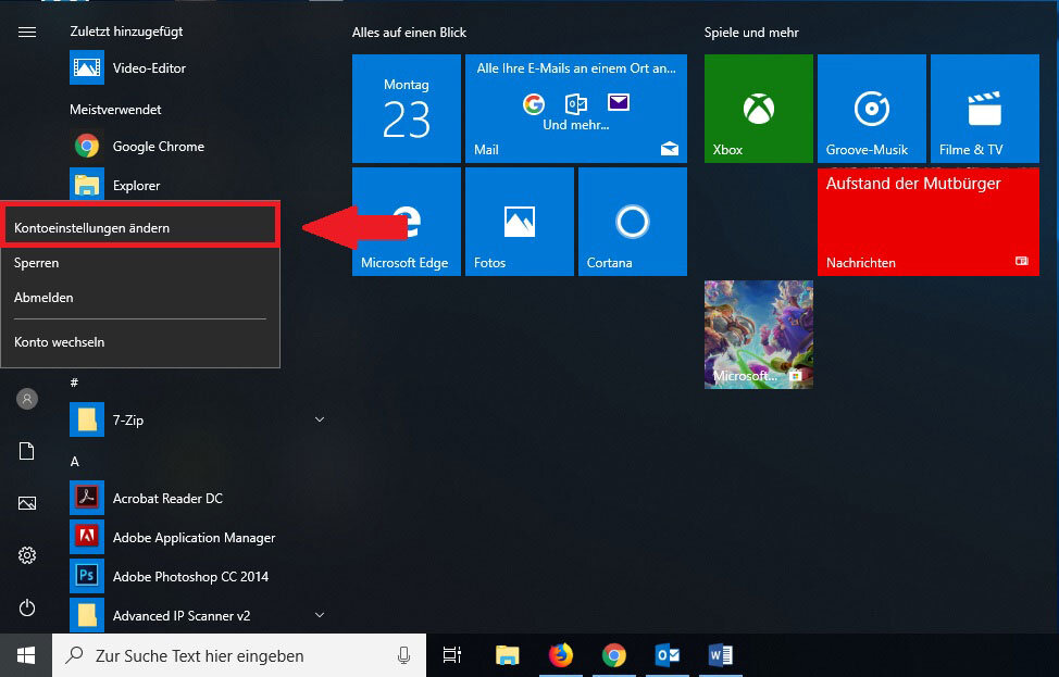 Windows 10 Startmenü Kontoeinstellungen ändern